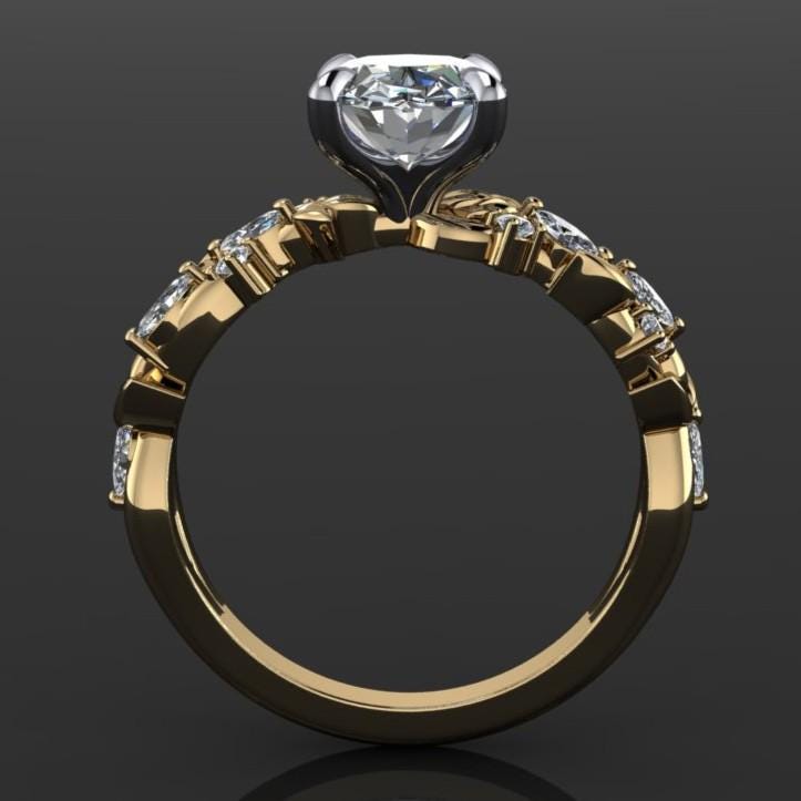 2.5 carat oval lab created diamond engagement ring, nature inspired with ferns and flowers, profile view