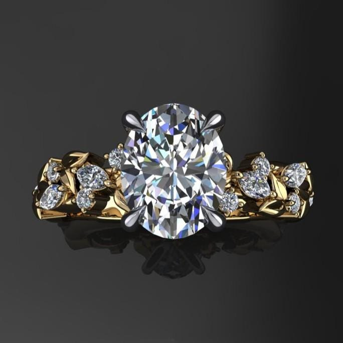 2.5 carat oval lab created diamond engagement ring, nature inspired with ferns and flowers. Top view