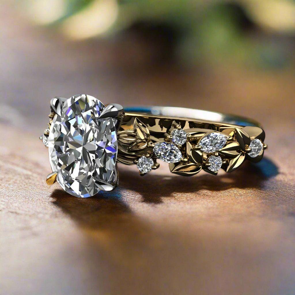 2.5 carat oval lab created diamond engagement ring, nature inspired with ferns and flowers, table view