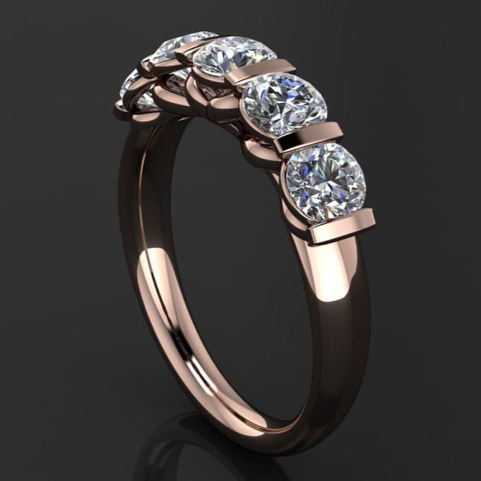 2.5 carat round moissanite anniversary band - 5 stone ring - olivia ring - angle view