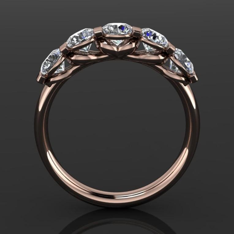 2.5 carat round moissanite anniversary band - 5 stone ring - olivia ring - profile view