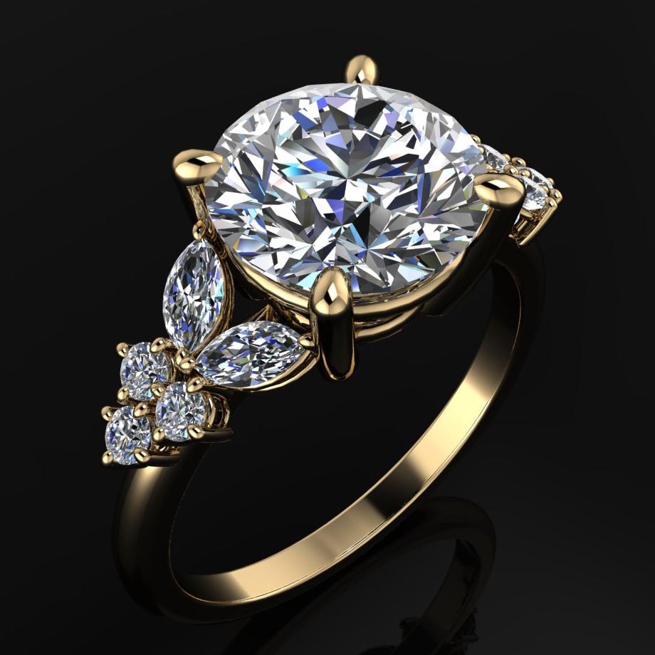 peony ring - 3 carat old european cut round diamond ring - angle view