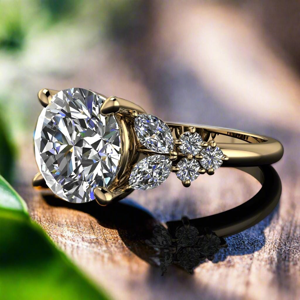 peony ring - 3 carat old european cut round diamond ring - laying down on a wooden table with leaves peeking around the edges