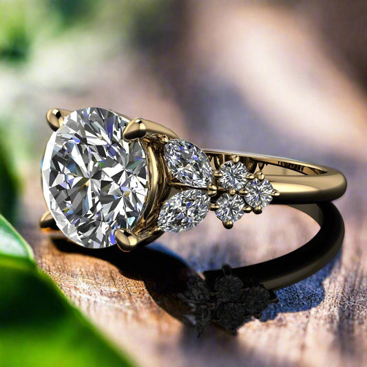 peony ring - 3 carat old european cut round diamond ring - laying down on a wooden table with leaves peeking around the edges