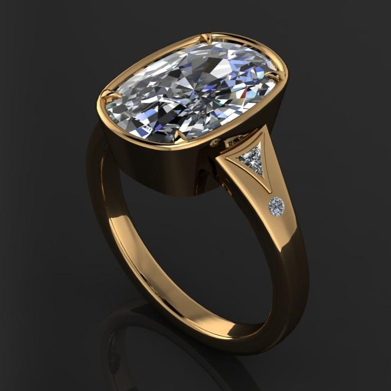 Taylor Swift inspired vintage engagement ring with a 6 carat antique cushion lab diamond, bezel set with petite claw prongs, Travis Kelce ring, Taylor Swift ring 2025 - angle view