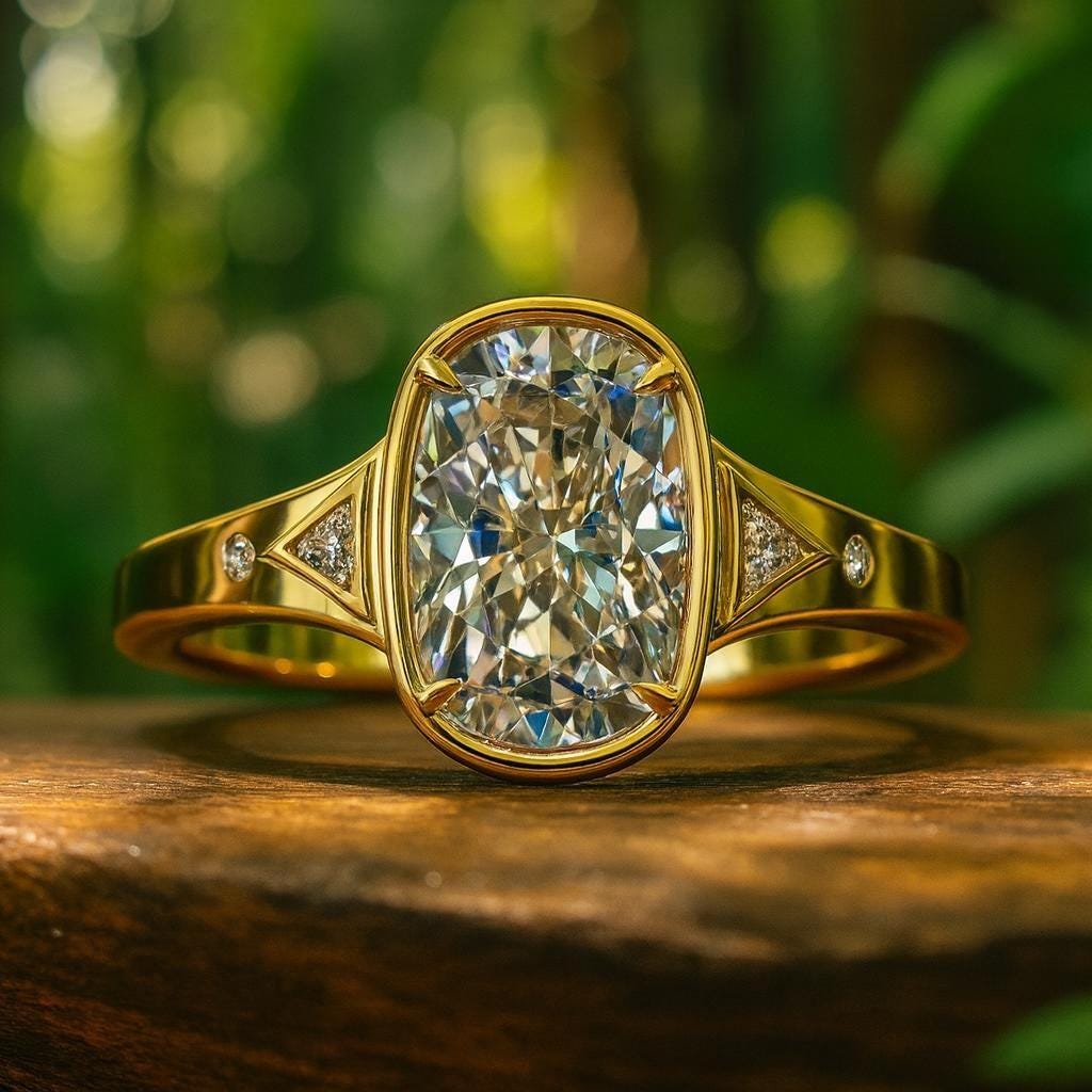 Taylor Swift inspired antique cushion engagement ring in yellow gold, laying on a wooden table with lush greenery in the background.