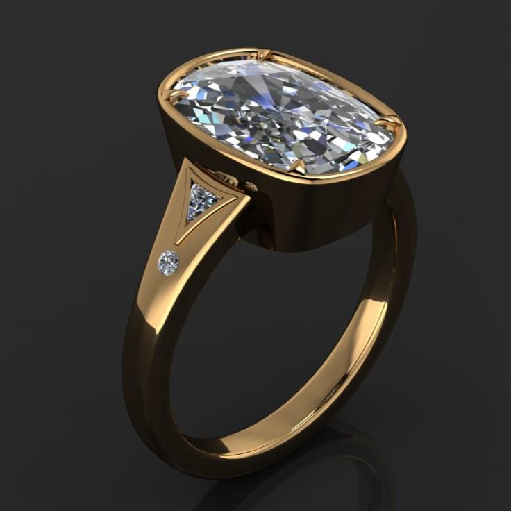 Taylor Swift inspired vintage engagement ring with a 6 carat antique cushion lab diamond, bezel set with petite claw prongs, Travis Kelce ring, Taylor Swift ring 2025 - right angle view