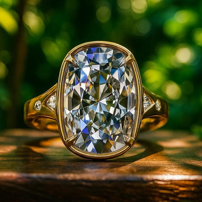 Taylor Swift inspired vintage engagement ring with a 6 carat antique cushion lab diamond, bezel set with petite claw prongs, Travis Kelce ring, Taylor Swift ring 2025 - top view