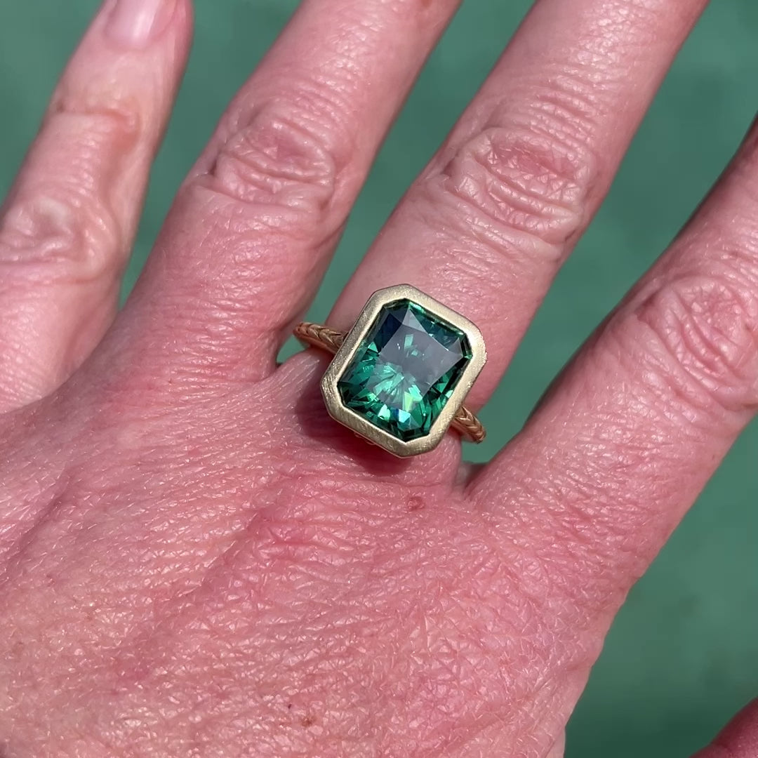 Five carat green moissanite bezel ring - video