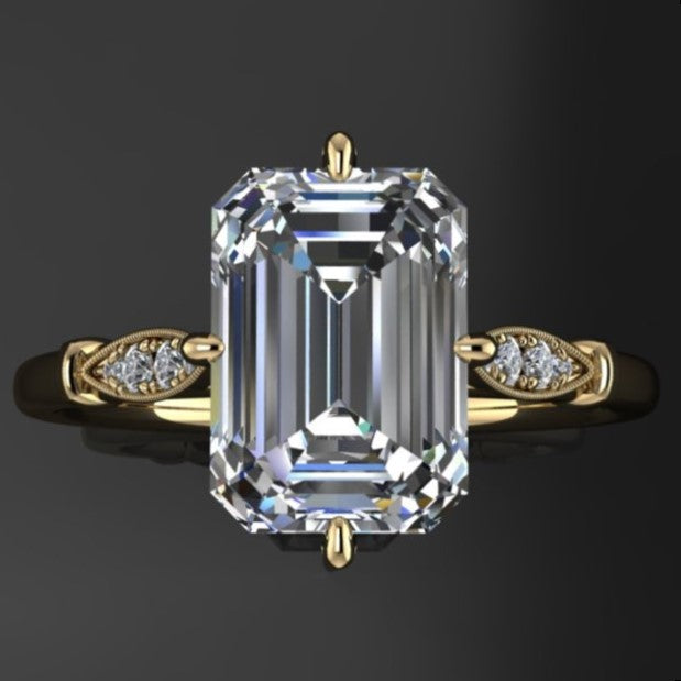 10x7 elongated emerald cut moissanite celia ring, top view