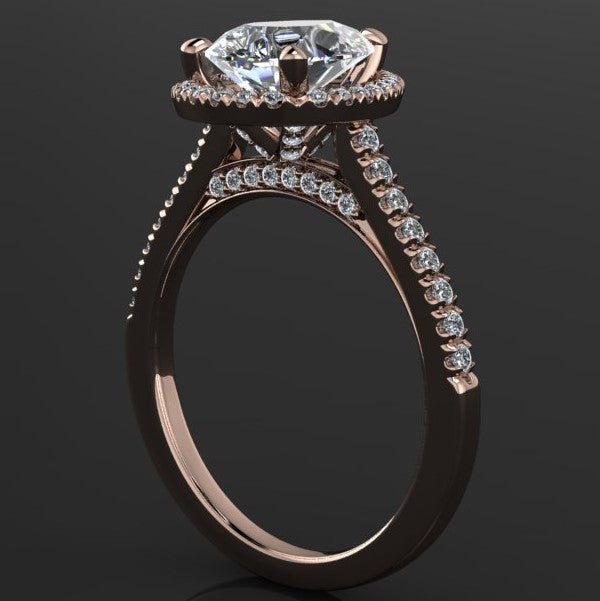 2 carat pear cut NEO moissanite halo engagement ring - diamond halo, prongs and bridge - J Hollywood Designs