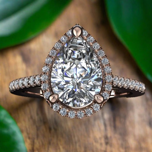 2 carat pear cut NEO moissanite halo engagement ring - diamond halo, prongs and bridge - J Hollywood Designs