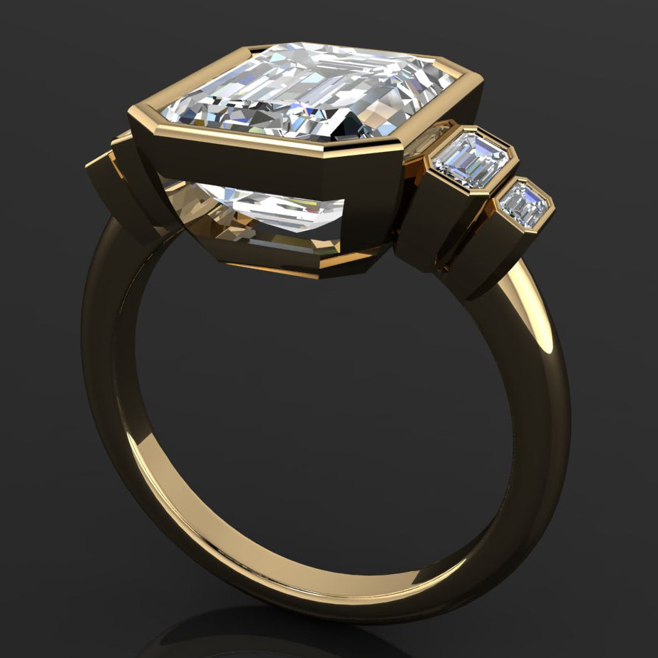 3.5 carat emerald moissanite 5 stone ring profile view