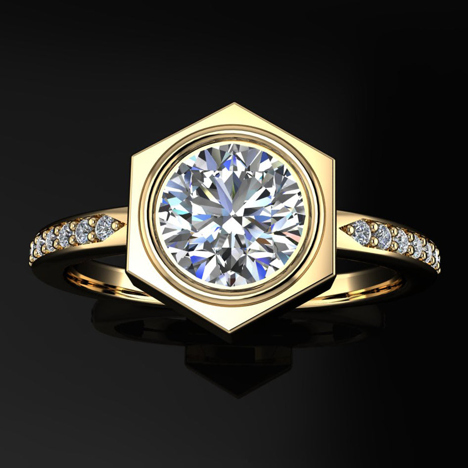 aspen ring - 1 carat round moissanite engagement ring, hexagon ring, diamond band - J Hollywood Designs