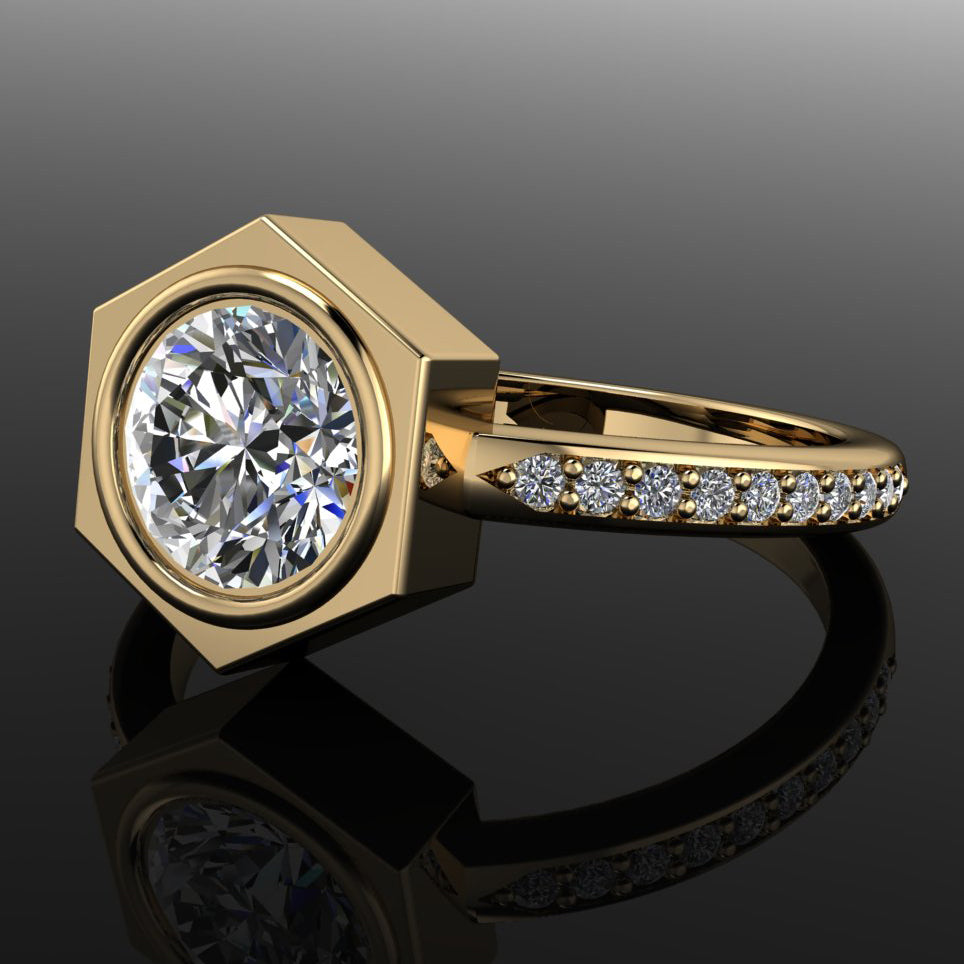 aspen ring - 1 carat round moissanite engagement ring, hexagon ring, diamond band - J Hollywood Designs