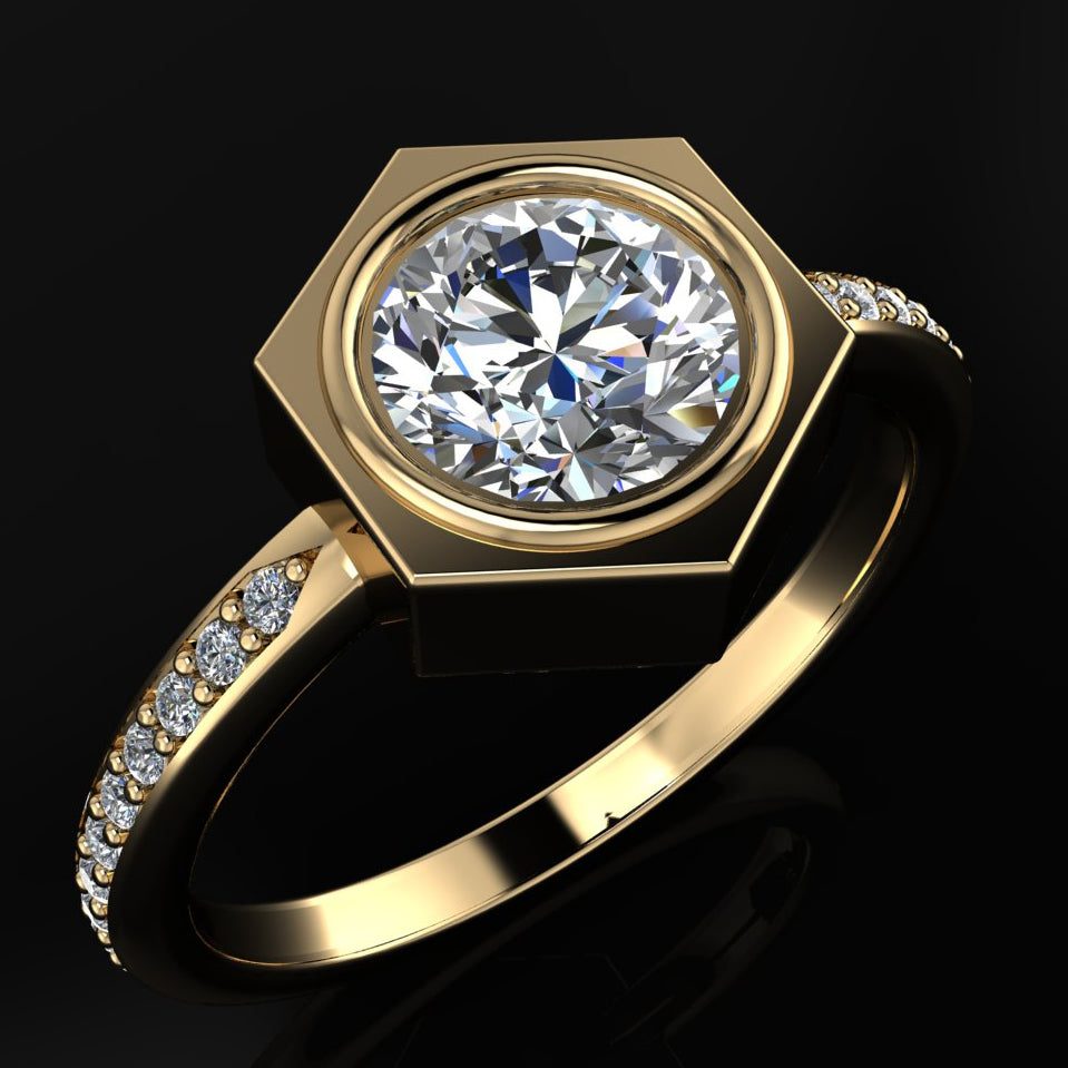 aspen ring - 1 carat round moissanite engagement ring, hexagon ring, diamond band - J Hollywood Designs