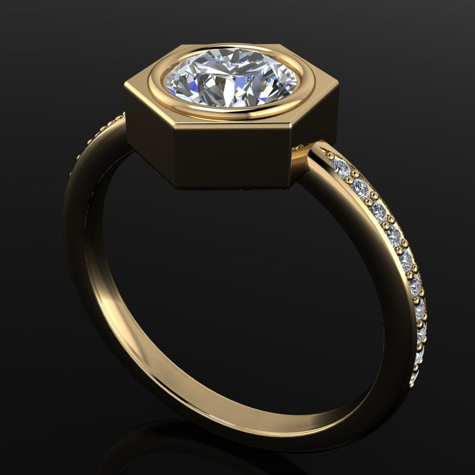 aspen ring - 1 carat round moissanite engagement ring, hexagon ring, diamond band - J Hollywood Designs