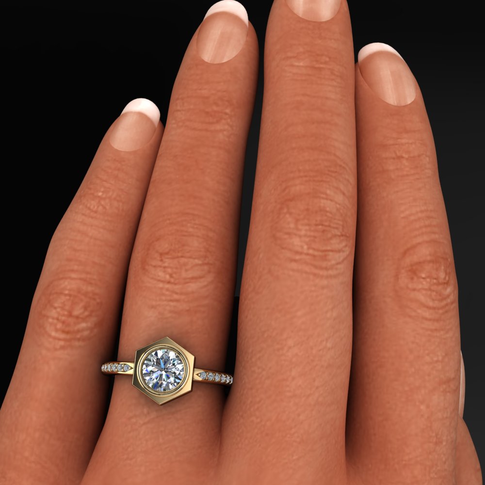 aspen ring - 1 carat round moissanite engagement ring, hexagon ring, diamond band - J Hollywood Designs
