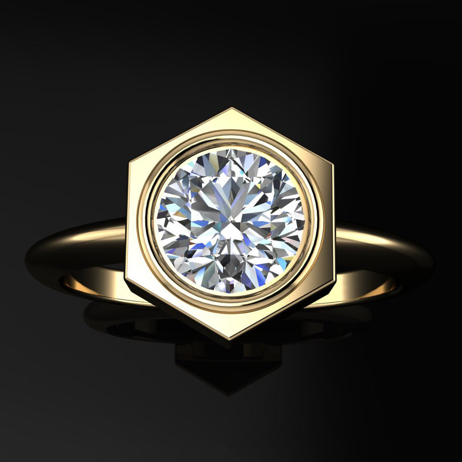 aspen ring - 1 carat old European cut round moissanite engagement ring, hexagon ring - J Hollywood Designs