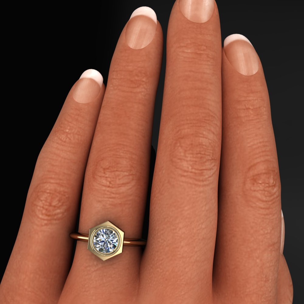 aspen ring - 1 carat old European cut round moissanite engagement ring, hexagon ring - J Hollywood Designs