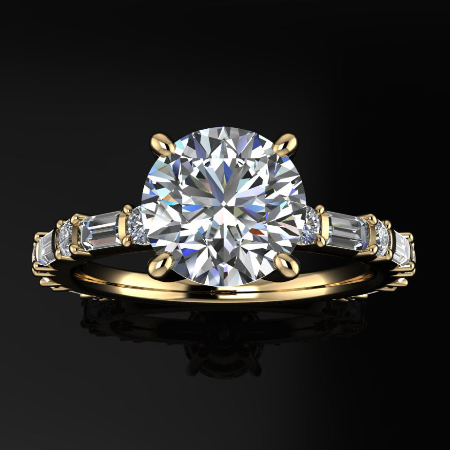cassandra ring - 1.5 carat round moissanite engagement ring, baguette side stones, d color moissanite - J Hollywood Designs