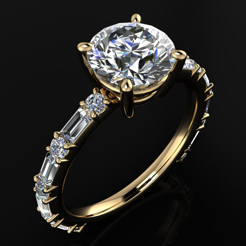 cassandra ring - 1.5 carat round moissanite engagement ring, baguette side stones, d color moissanite - J Hollywood Designs