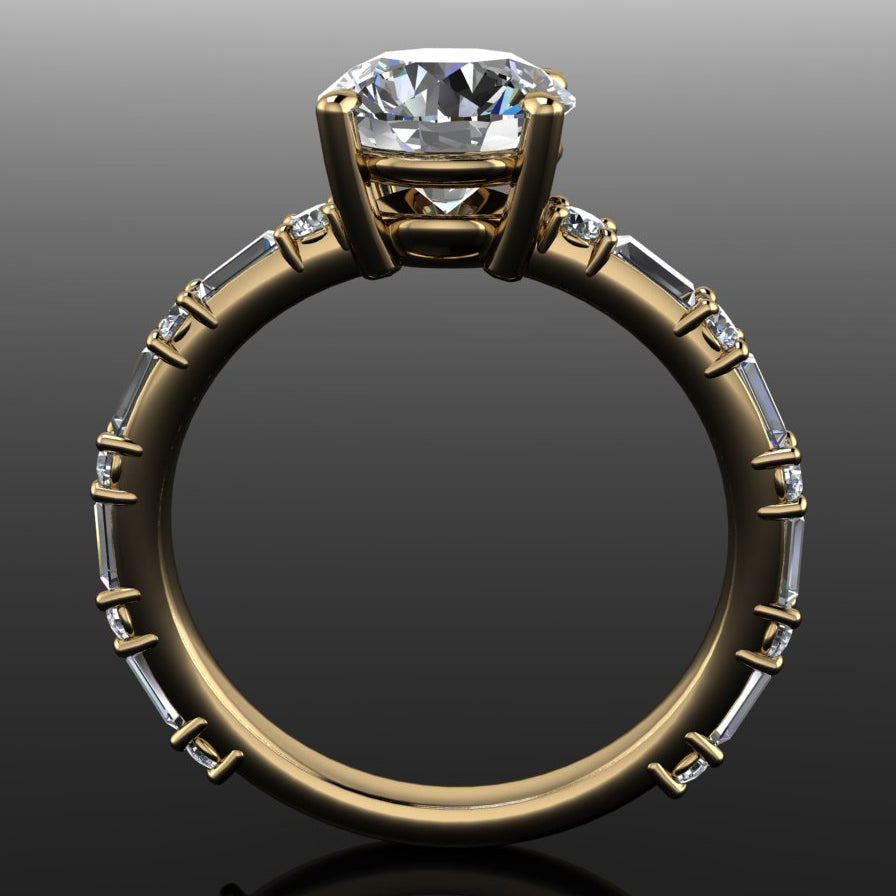 cassandra ring - 1.5 carat round moissanite engagement ring, baguette side stones, d color moissanite - J Hollywood Designs