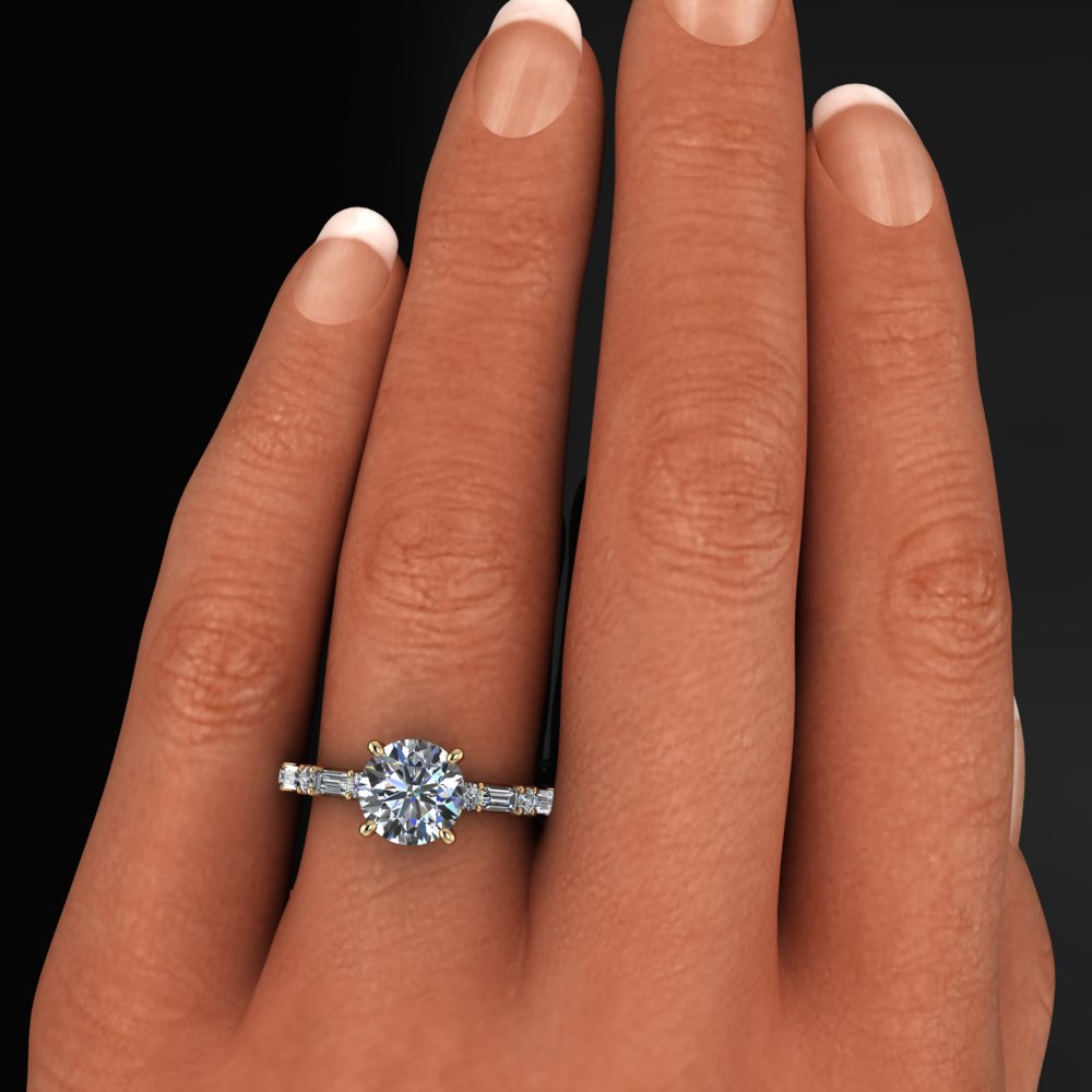 cassandra ring - 1.5 carat round moissanite engagement ring, baguette side stones, d color moissanite - J Hollywood Designs