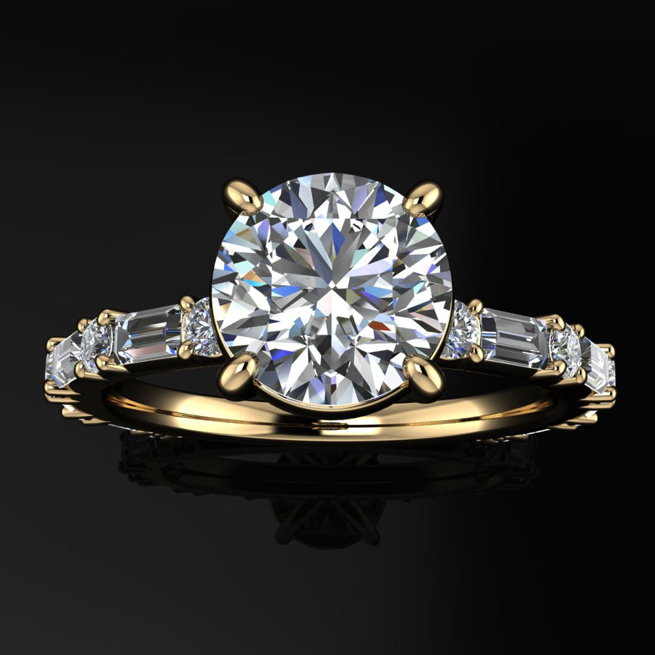 cassie ring - 1 carat round moissanite engagement ring, baguette side stones, d color moissanite - J Hollywood Designs