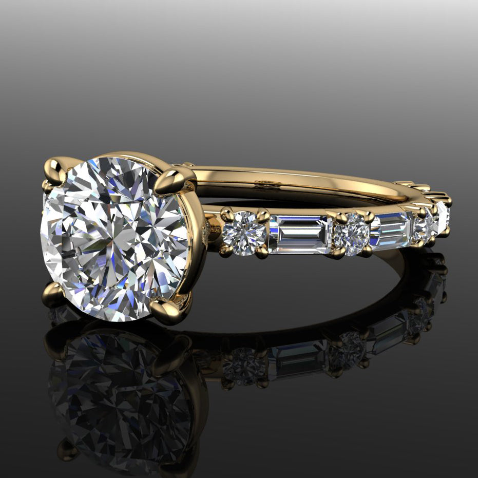 cassie ring - 1 carat round moissanite engagement ring, baguette side stones, d color moissanite - J Hollywood Designs
