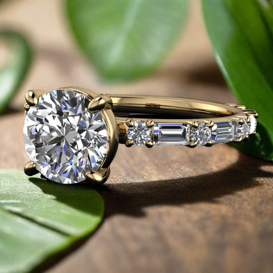 cassie ring - 1 carat round moissanite engagement ring, baguette side stones, d color moissanite - J Hollywood Designs