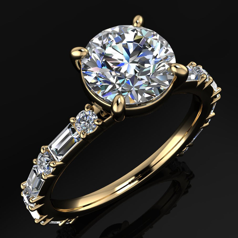 cassie ring - 1 carat round moissanite engagement ring, baguette side stones, d color moissanite - J Hollywood Designs