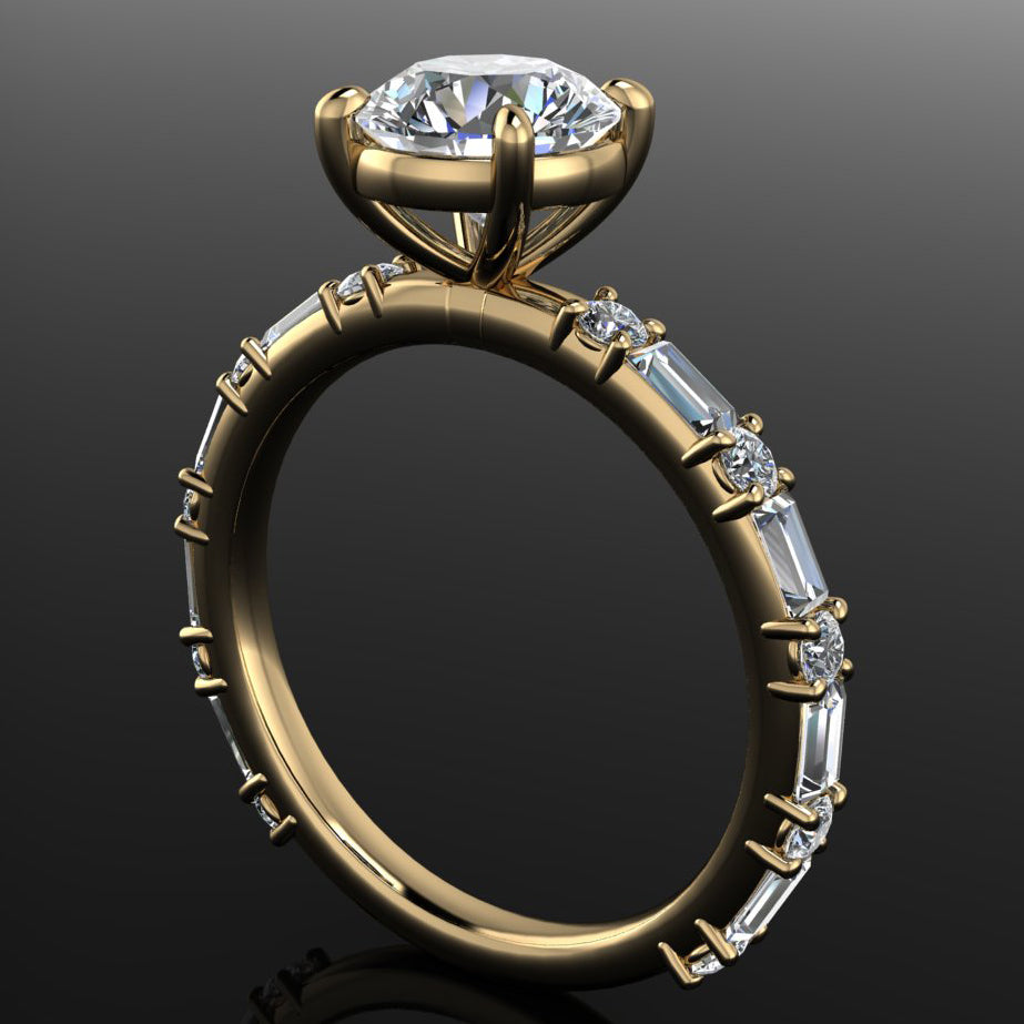 cassie ring - 1 carat round moissanite engagement ring, baguette side stones, d color moissanite - J Hollywood Designs