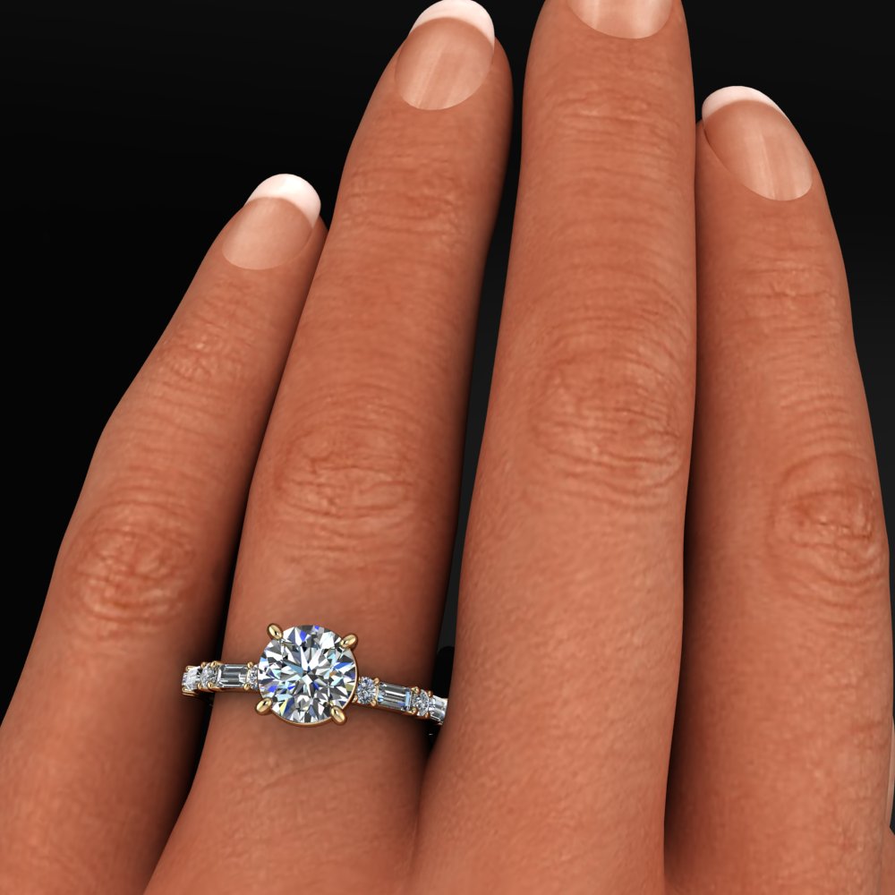 cassie ring - 1 carat round moissanite engagement ring, baguette side stones, d color moissanite - J Hollywood Designs