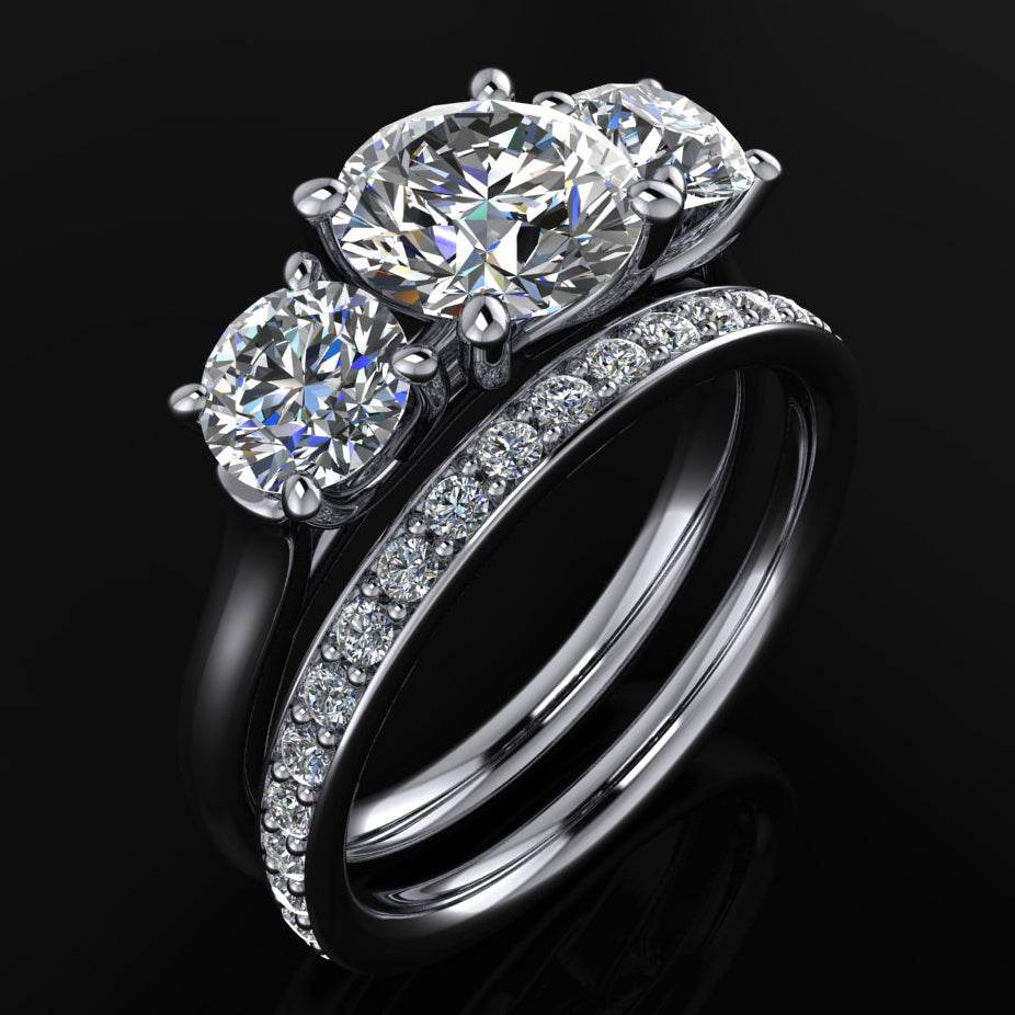 ready to ship - eden ring - 2 carat round moissanite engagement ring, 3 stone anniversary band - J Hollywood Designs