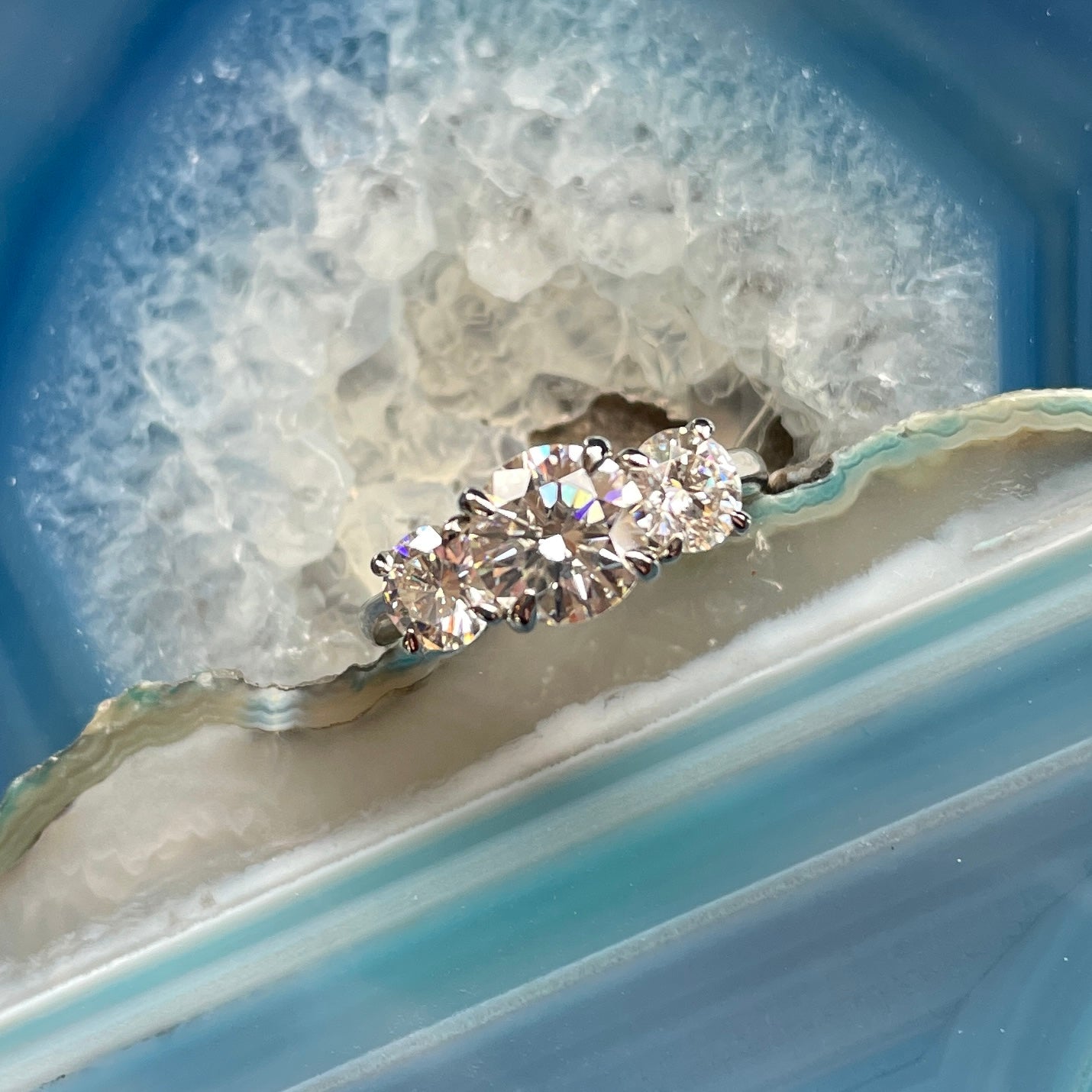 ready to ship - eden ring - 2 carat round moissanite engagement ring, 3 stone anniversary band - J Hollywood Designs