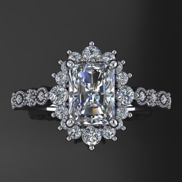 2 carat elongated cushion and radiant cut combo ZAYA moissanite vintage engagement ring - moissanite halo - J Hollywood Designs