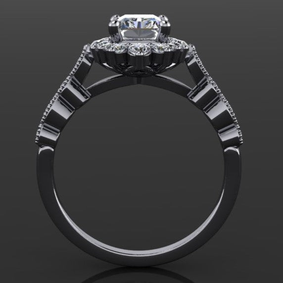 2 carat elongated cushion and radiant cut combo ZAYA moissanite vintage engagement ring - moissanite halo - J Hollywood Designs