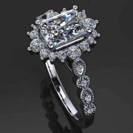 2 carat elongated cushion and radiant cut combo ZAYA moissanite vintage engagement ring - moissanite halo - J Hollywood Designs