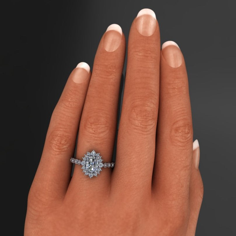 2 carat elongated cushion and radiant cut combo ZAYA moissanite vintage engagement ring - moissanite halo - J Hollywood Designs