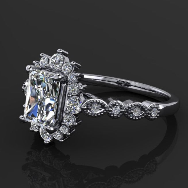2 carat elongated cushion and radiant cut combo ZAYA moissanite vintage engagement ring - moissanite halo - J Hollywood Designs