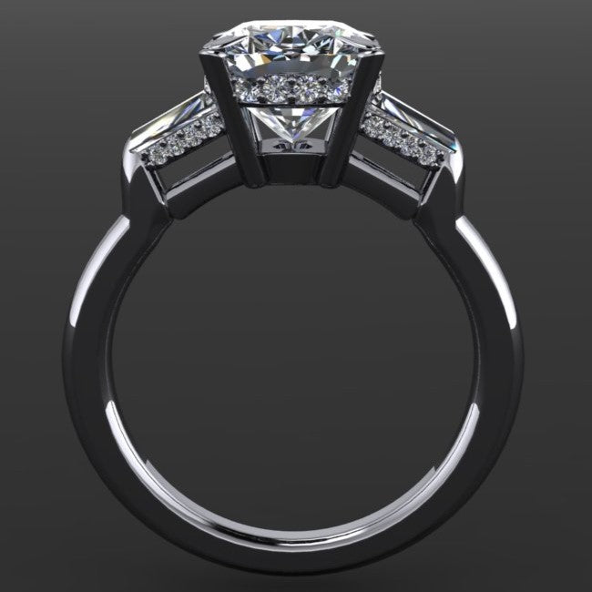 2.9 carat cushion/radiant combo cut three stone ring, profile view