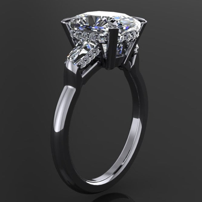 2.9 carat cushion/radiant combo cut three stone ring, side view