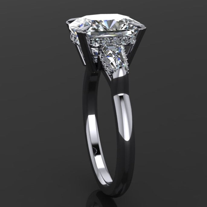 2.9 carat cushion/radiant combo cut three stone ring, second side view