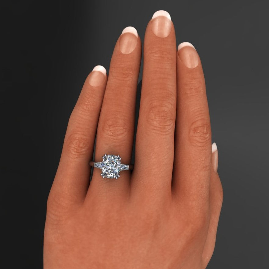 2.9 carat cushion/radiant combo cut three stone ring, hand model