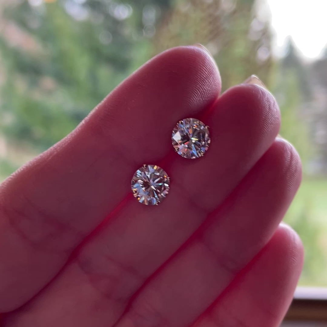 video of 3 carat round moissanite earrings, 14k gold stud earrings - J Hollywood Designs