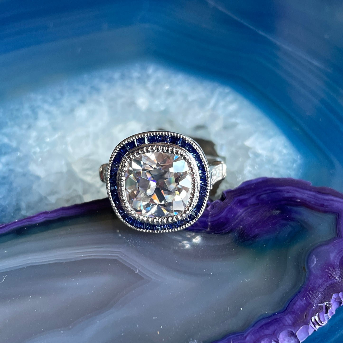 vivian ring - 4 carat old mine cut cushion moissanite and sapphire vintage engagement ring, ZAYA moissanite - J Hollywood Designs