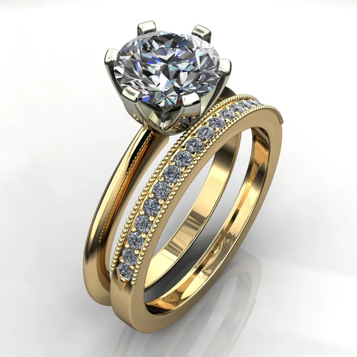 isabelle ring - 1 carat diamond cut round NEO moissanite engagement ring, two tone engagement ring - J Hollywood Designs