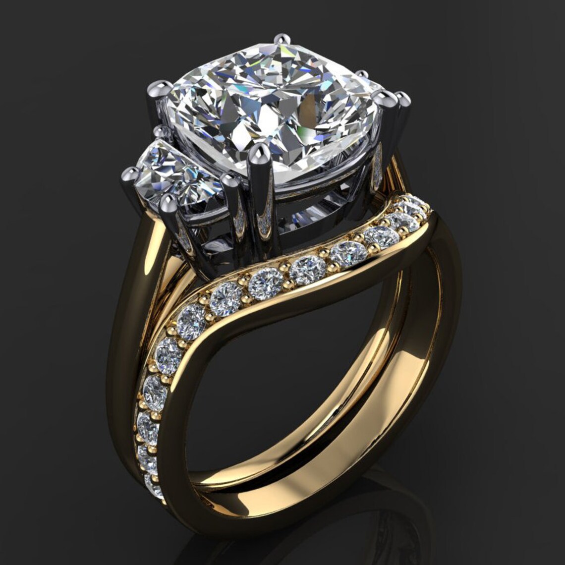 ava ring - 3 carat cushion NEO moissanite engagement ring, half moon side stones - J Hollywood Designs