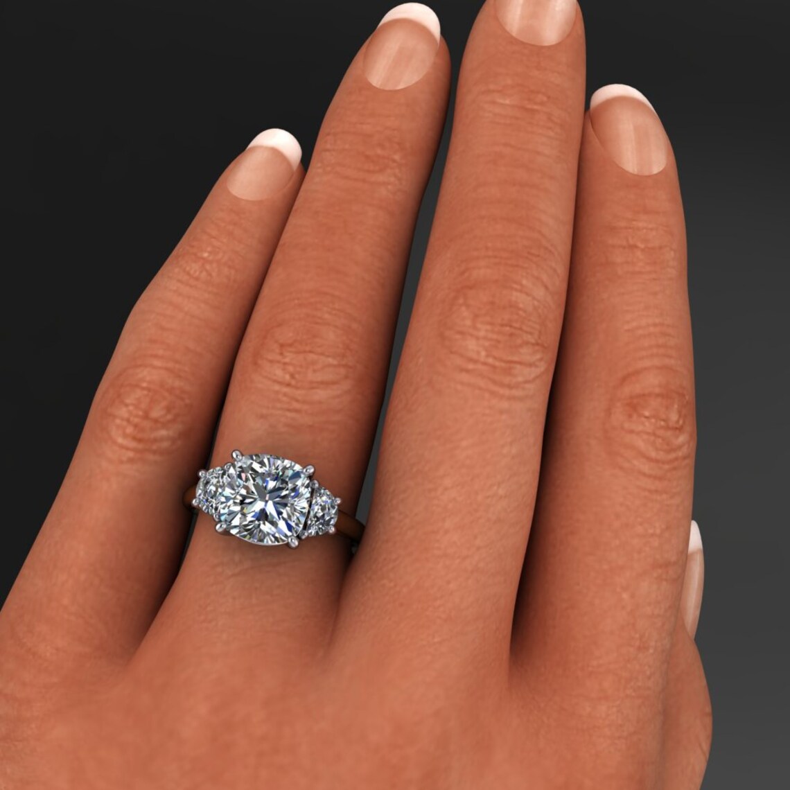 ava ring - 3 carat cushion NEO moissanite engagement ring, half moon side stones - J Hollywood Designs